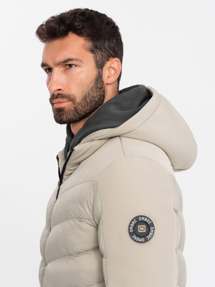 Jachetă matlasată combinată pentru bărbați cu guler înalt - bej V4 OM-JALP-0172