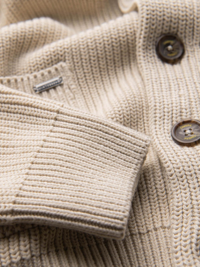 Men's cotton cardigan sweater with shawl collar - beige V2 OM-SWCD-0153