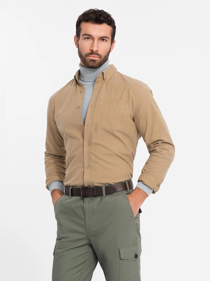 Men's REGULAR FIT cotton shirt with pocket - light brown V2 OM-SHOS-0153