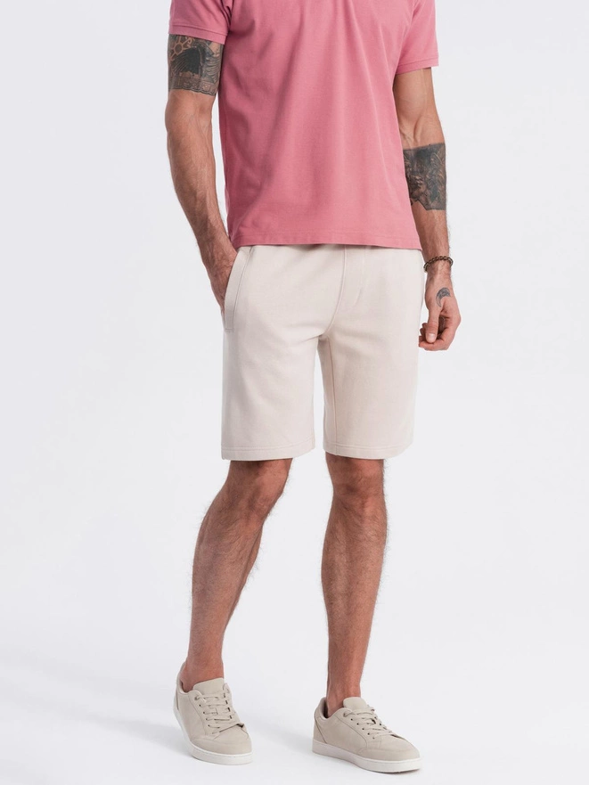 Men's knit shorts with drawstring and pockets - light beige V1 OM-SRBS-0139