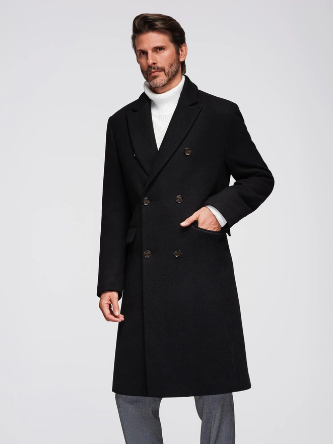 Men's coat with asymmetrical fastening and high collar - light brown V4 OM-COWC-0120