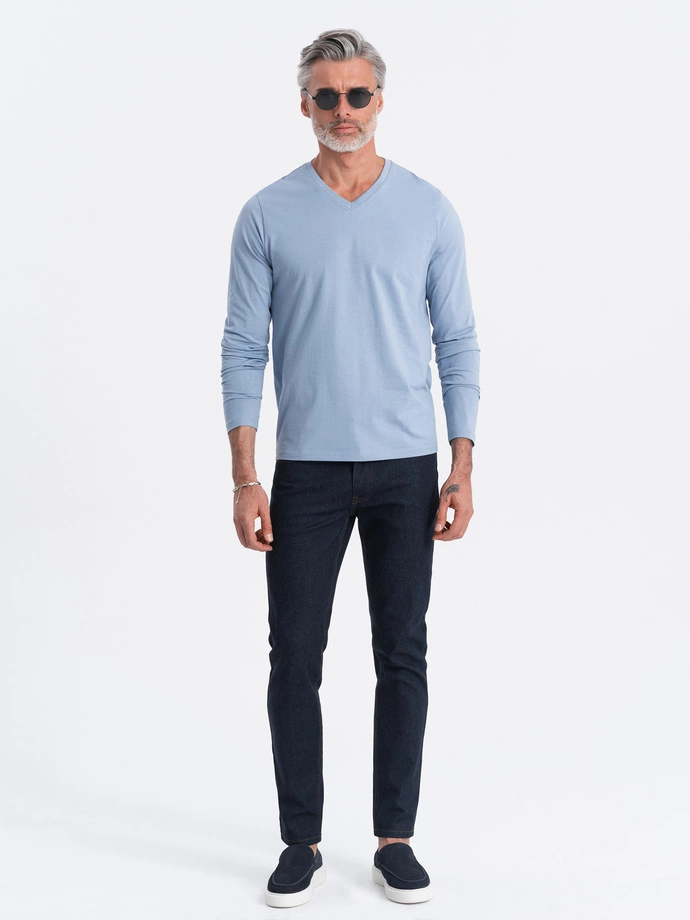 Pánské tričko s dlouhým rukávem bez potisku a výstřihem do V - modrá džínovina V9 OM-LSBL-0108