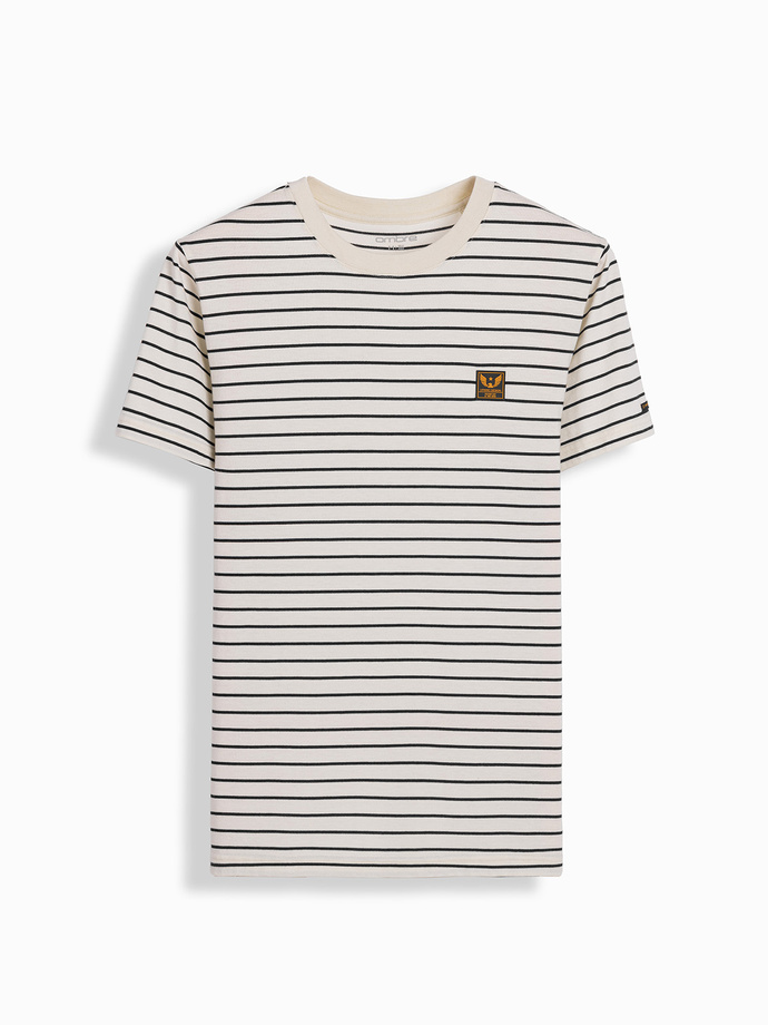 Tricou bărbătesc cu dungi și patch-uri Ombre Design - crem și negru V1 OM-TSCT-0183