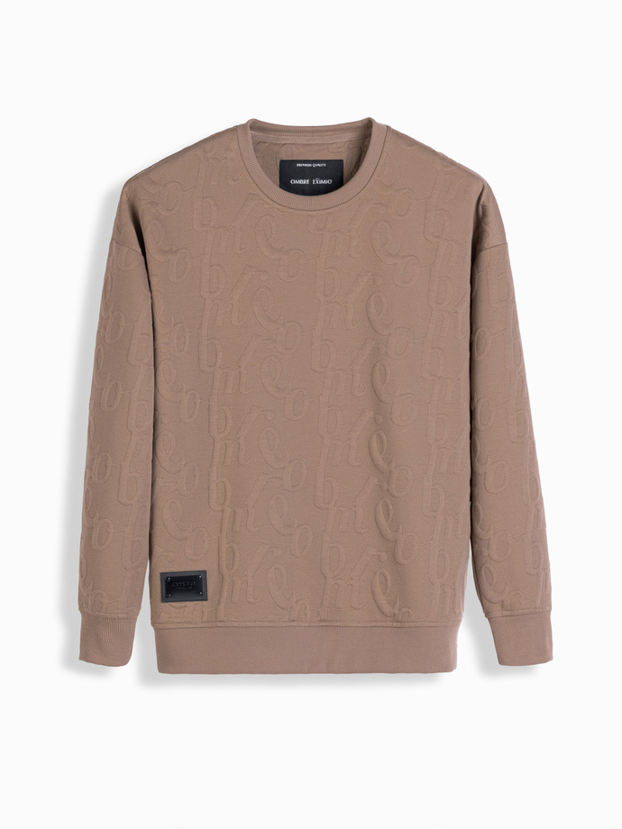 Hanorac bărbătesc RELAXED FIT cu litere în relief - maro V3 OM-SSNZ-0164