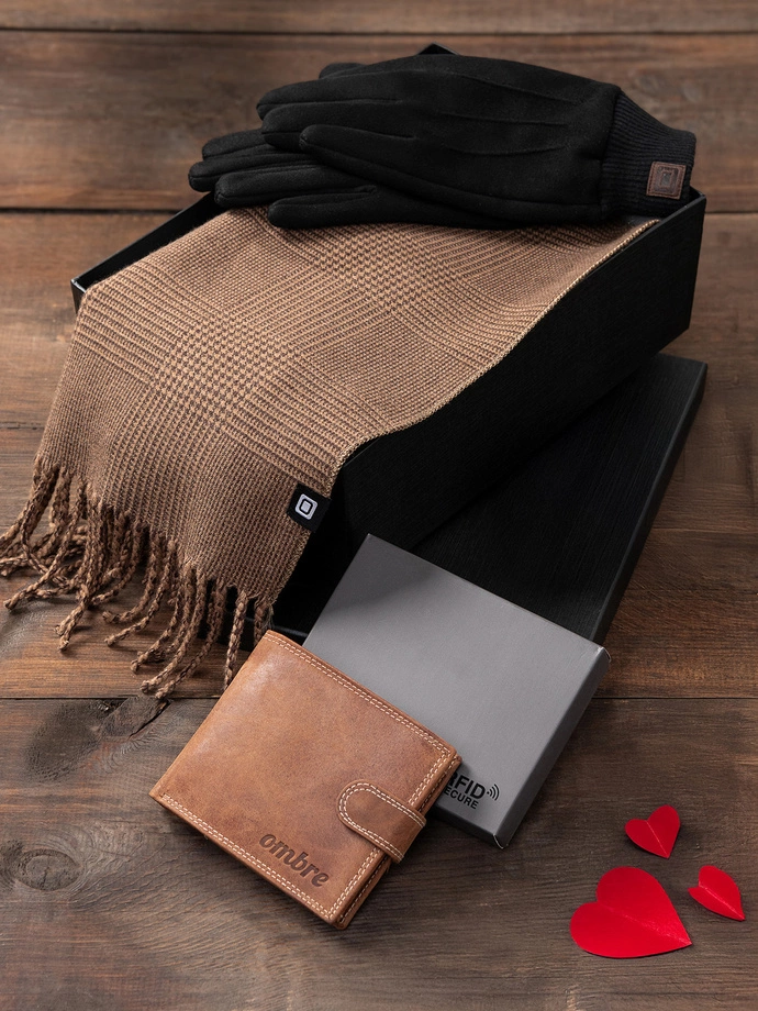 Practical gift set for him - gloves + scarf with tassels + leather wallet - Z95