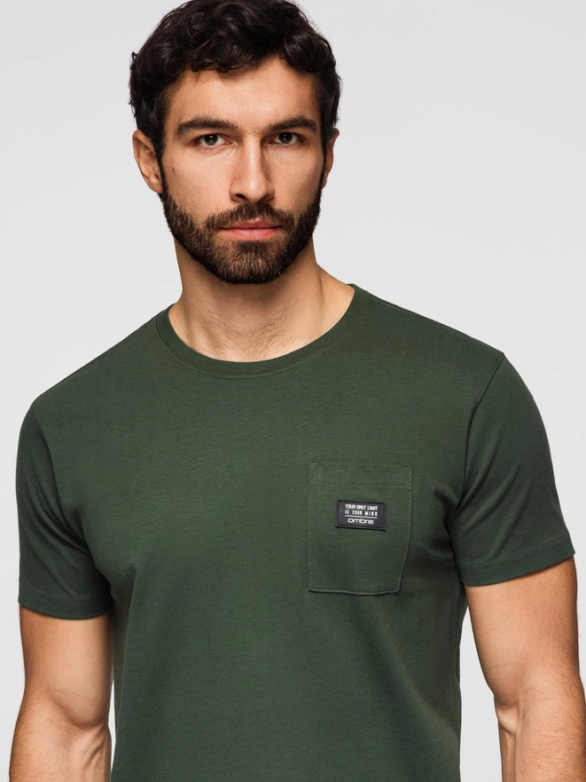 Tricou casual bărbătesc cu buzunar peticit - verde-oliv închis V4 OM-TSCT-0109