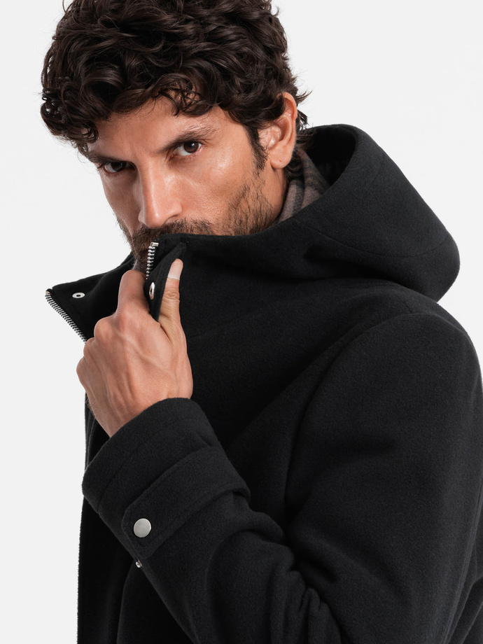 Vyriškas ilgas vienspalvis paltas su gobtuvu - juodas V3 OM-COWC-22FW-005