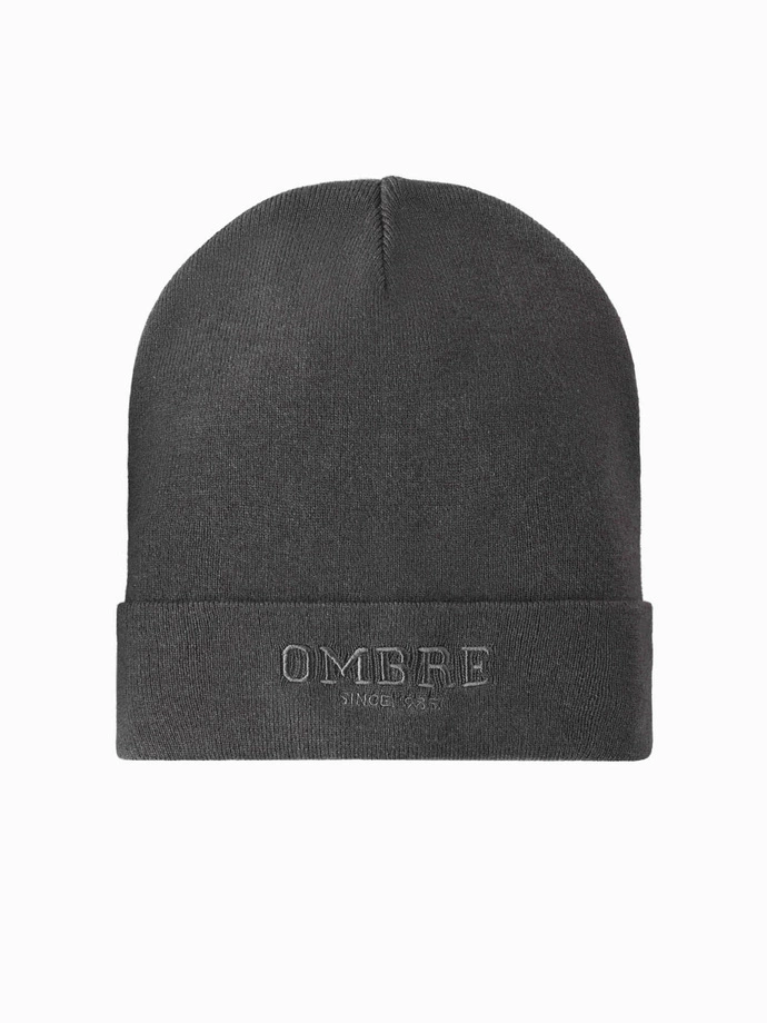 Men's knitted beanie hat with embroidered inscription - graphite V2 OM-ACWH-0120