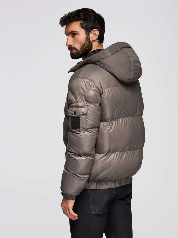 Jachetă puffer călduroasă pentru bărbați cu margini cu nervuri - bej închis V3 OM-JAHP-0207