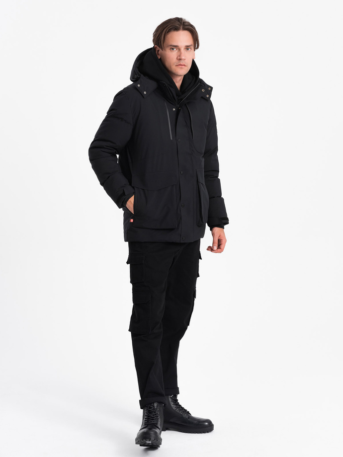 Men's winter jacket with detachable hood and cargo pockets - black V3 OM-JAHP-0152