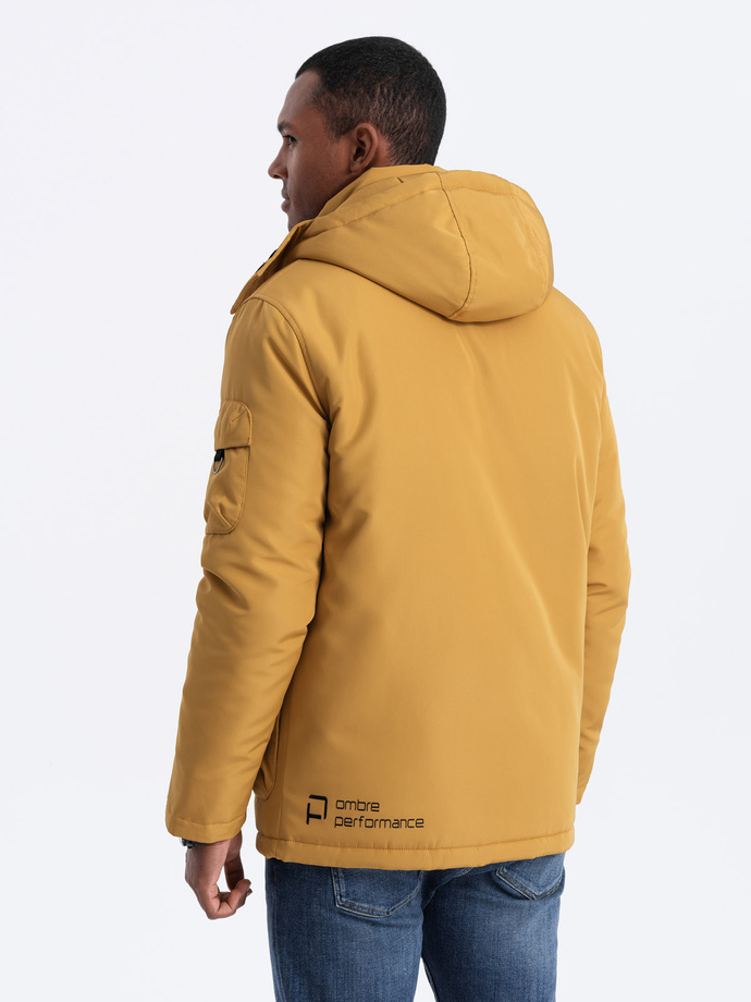 Men's insulated jacket with hood - mustard V2 OM-JAHP-0128