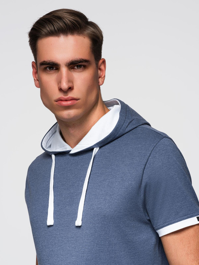 Men's hooded cotton t-shirt - dark blue melange V12 OM-TSCT-0256