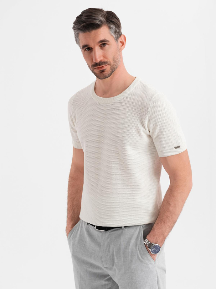 Men's knitted t-shirt with fine texture - white V1 OM-TSCT-0244
