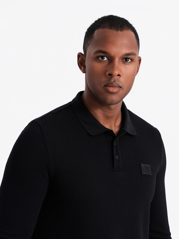 Polo bărbătesc structurat cu mânecă lungă și patch-uri - negru V1 OM-POLS-0131