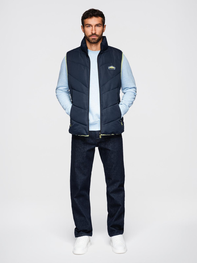 Men's quilted sleeveless jacket with neon accents - navy blue V3 OM-JAVJ-0210