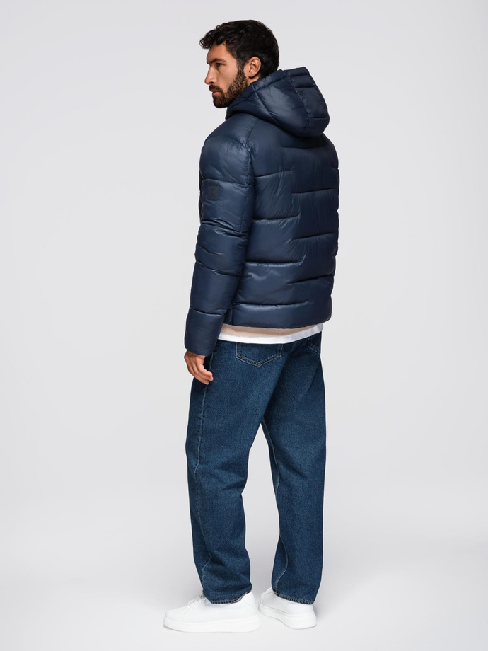 Men's quilted puffer jacket with hood - navy blue V4 OM-JAHP-0235