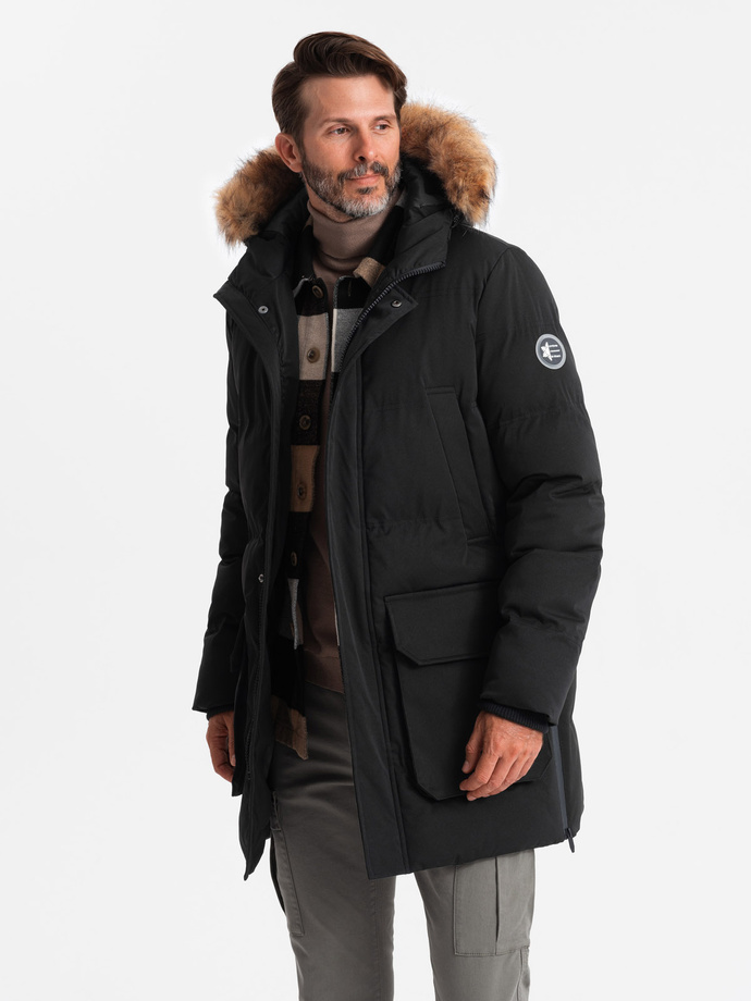Pánská zateplená dlouhá bunda parka se zipem dole - černá V3 OM-JALJ-0184
