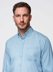 Men's patterned thin denim shirt with pocket - light blue V1 OM-SHDS-0179