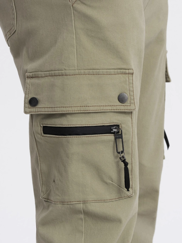 Men's JOGGER pants with zippered cargo pockets - khaki V1 OM-PAJO-0125