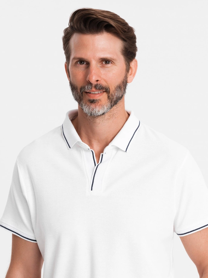 Men's pique knit polo shirt without buttons - white V1 OM-POSS-0110