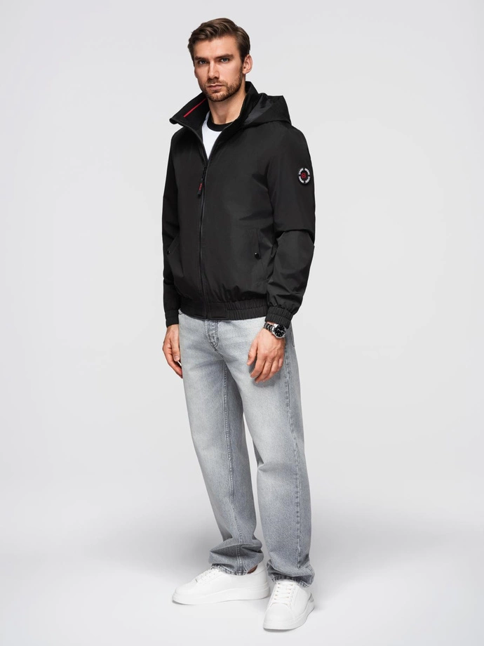 Men's jacket with hood and high collar - black V1 OM-JANP-0222