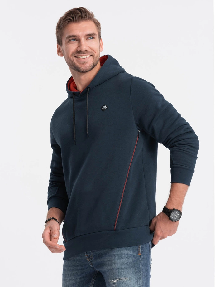 Men's hoodie with zippered pocket - navy blue V1 OM-SSNZ-22FW-006