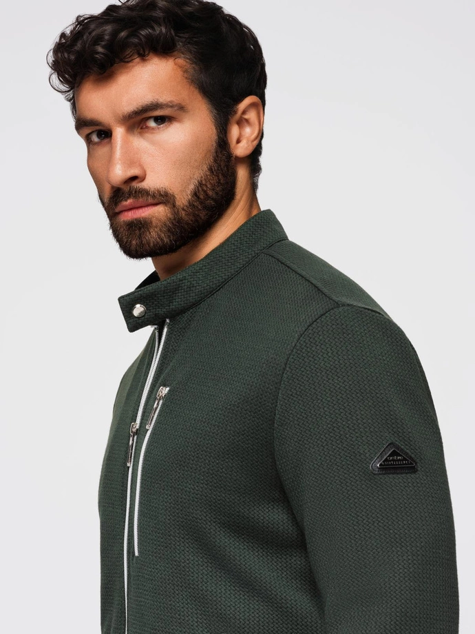 Structured men's biker jacket with stand-up collar - dark green V3 OM-JANP-0229