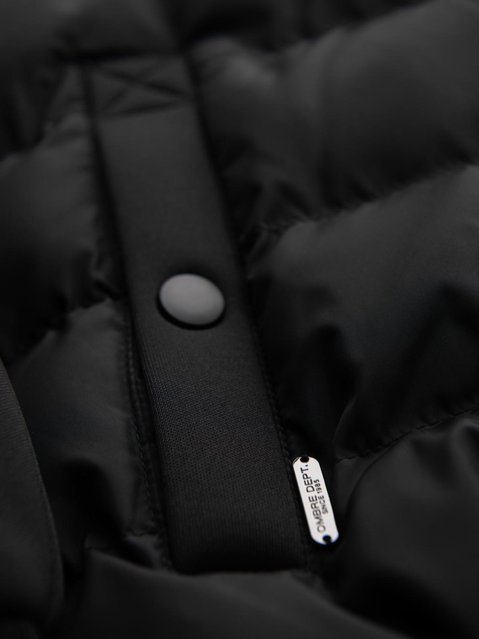 Prešívaná bunda bomber s kapucňou a pletenými rukávmi - čierna V1 OM-JALP-0298