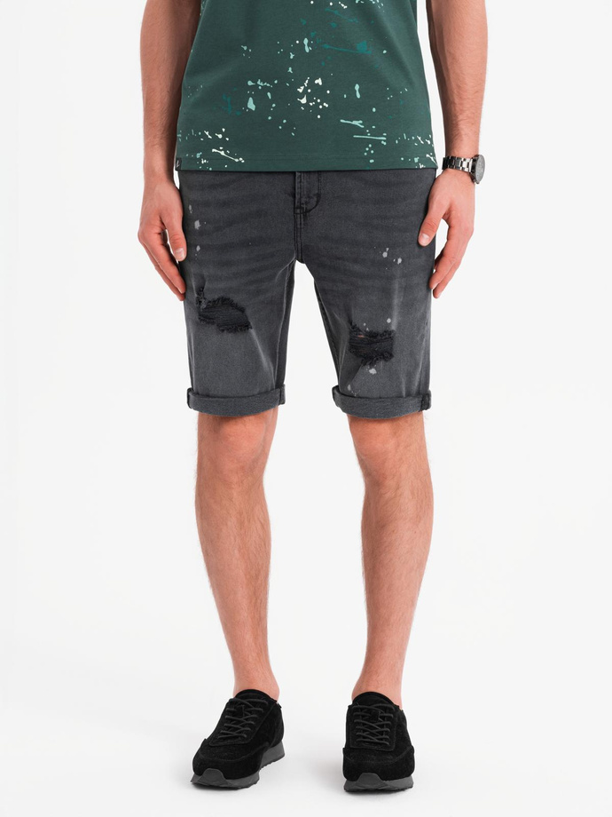 Men's short denim shorts with rubbing and rolled up leg - gray V3 OM-SRDS-0186