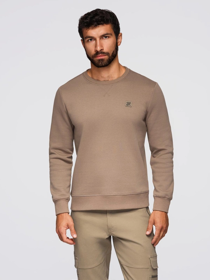 Classic men's sweatshirt with round neckline - light brown V3 OM-SSNZ-0243