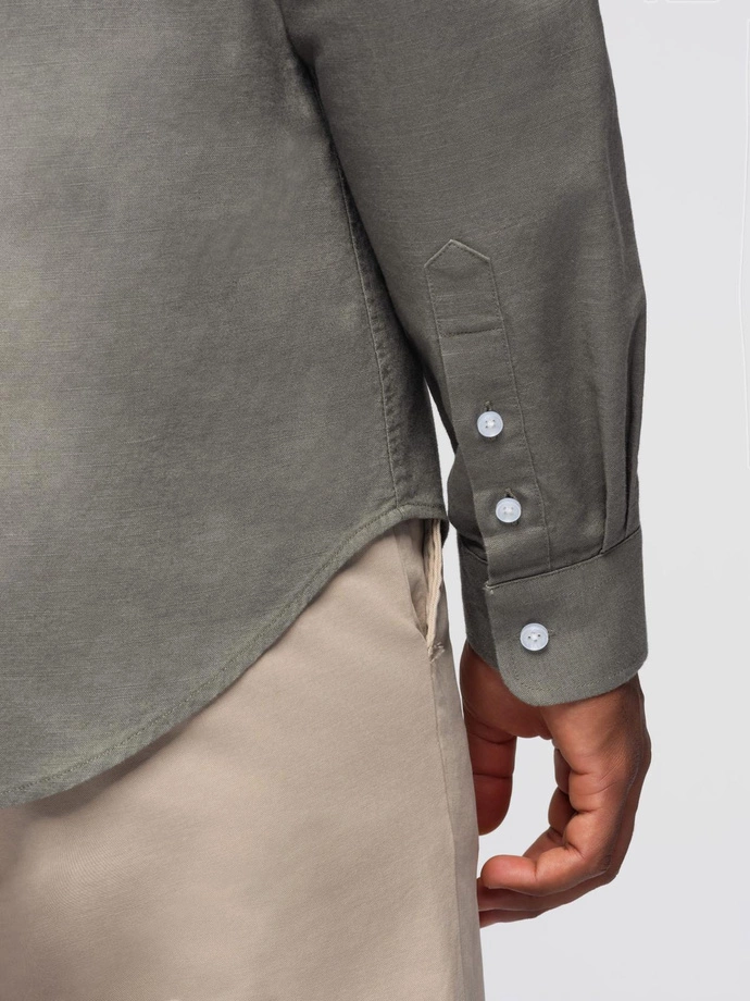 Men's linen shirt with stand-up collar and pocket REGULAR FIT - khaki V6 OM-SHCS-0161