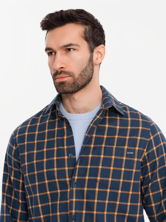 Cămașă de flanelă cu carouri SLIM FIT pentru bărbați - albastru marin și portocaliu V1 OM-SHCS-0145
