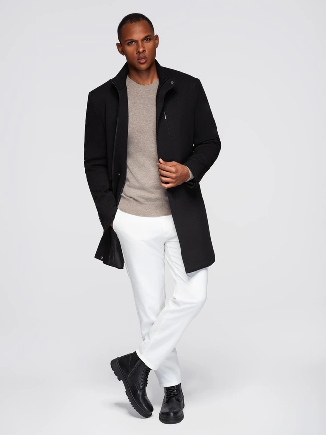 Men's coat with asymmetrical fastening and high collar - light brown V4 OM-COWC-0120