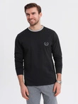 Men's cotton longsleeve with striped U neckline and embroidery - black V4 OM-LSCL-0128