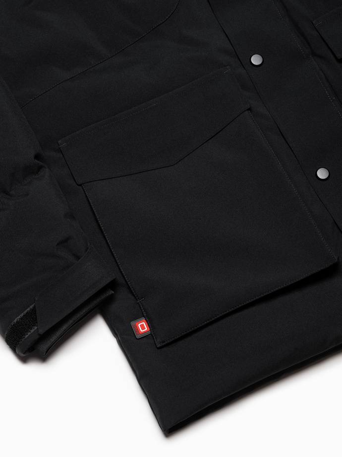 Men's winter jacket with detachable hood and cargo pockets - black V3 OM-JAHP-0152