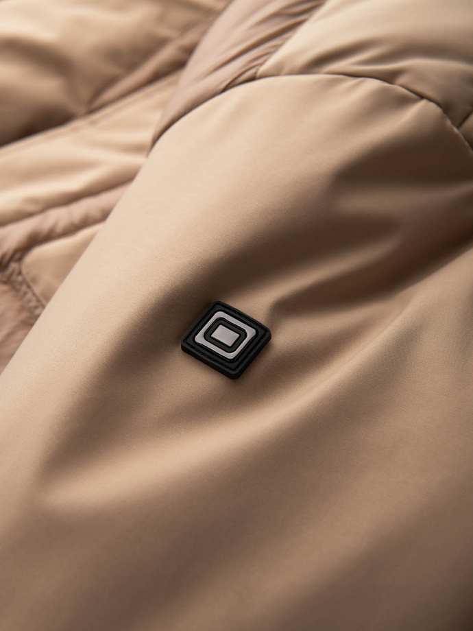 Men's long quilted jacket with large pockets - beige V2 OM-JALJ-0165