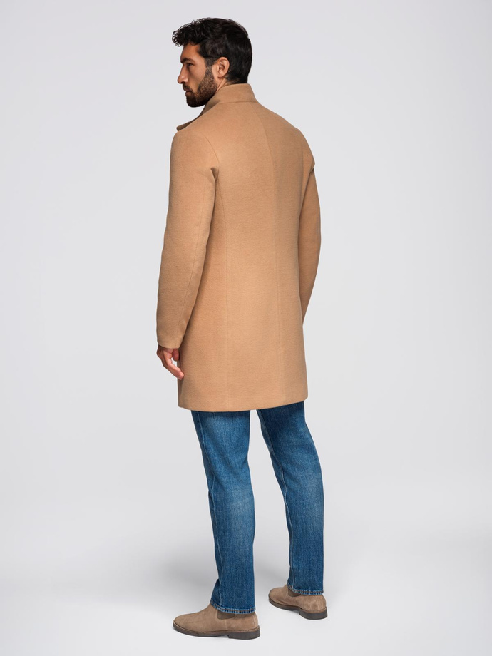 Men's coat with asymmetrical fastening and high collar - light brown V4 OM-COWC-0141