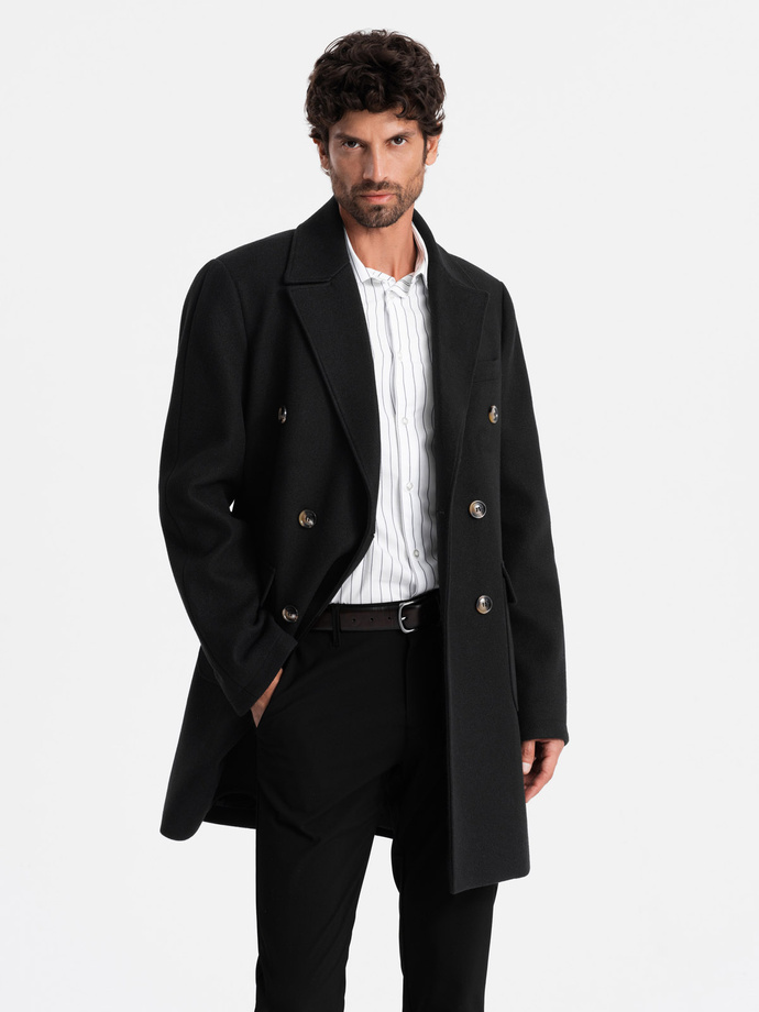 Men's double-breasted coat with decorative buttons - black V2 OM-COWC-0109