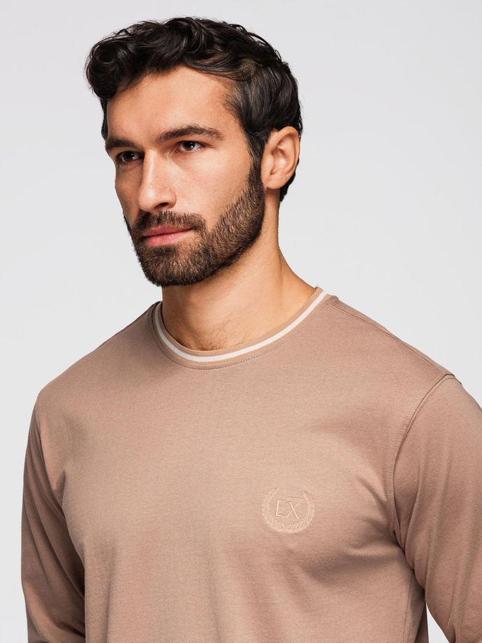 Polo bărbătesc structurat cu mânecă lungă și patch-uri - maro V4 OM-POLS-0131