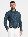 Men's SLIM FIT patterned cotton shirt - dark blue V1 OM-SHCS-0151