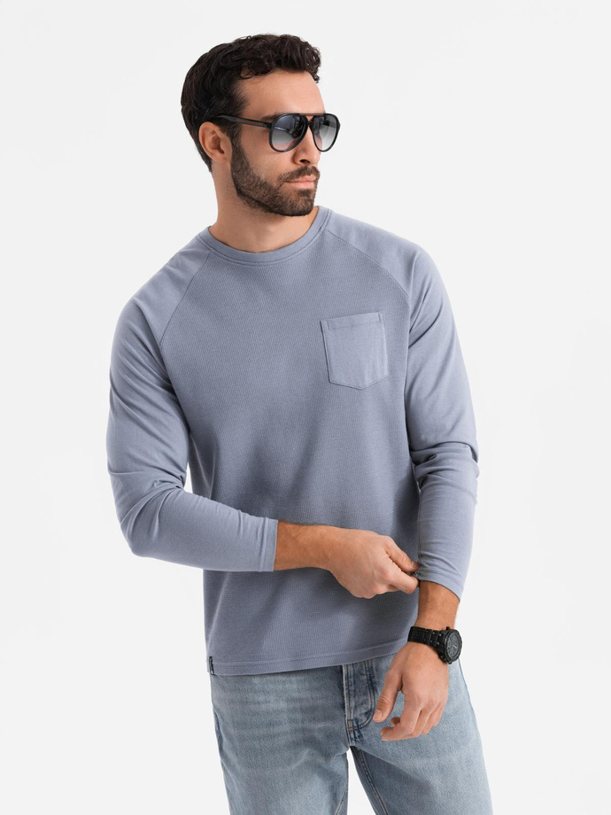 Men's waffle weave cotton longsleeve with pocket - blue denim V8 OM-LSCL-0109