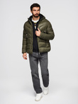 Men's quilted winter jacket with combined materials - dark olive green V3 OM-JAHP-0145