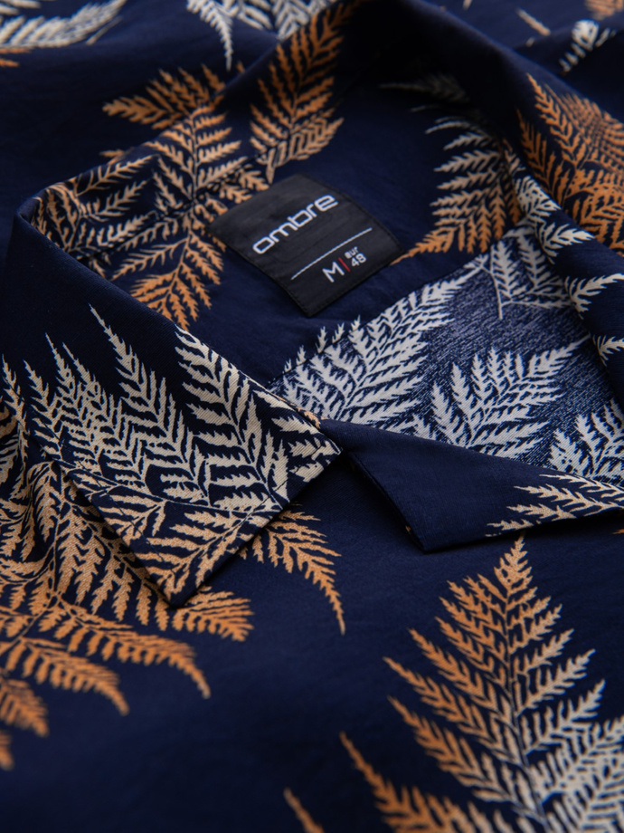 Men's patterned viscose shirt with short sleeves - fern V3 OM-SHPS-0113