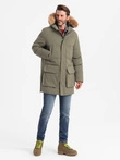 Men's long parka jacket with flared bottom - dark olive green V4 OM-JALJ-0184
