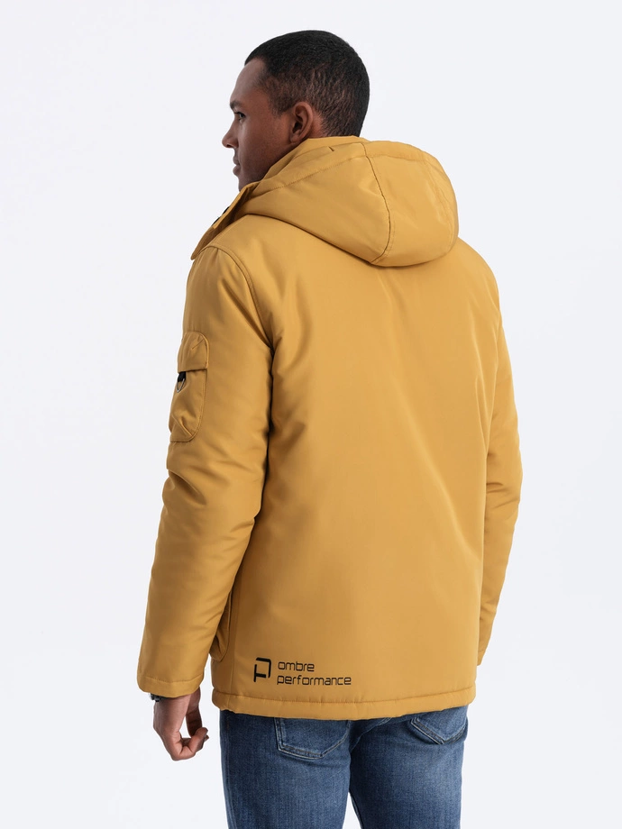Men's insulated jacket with hood - mustard V2 OM-JAHP-0128