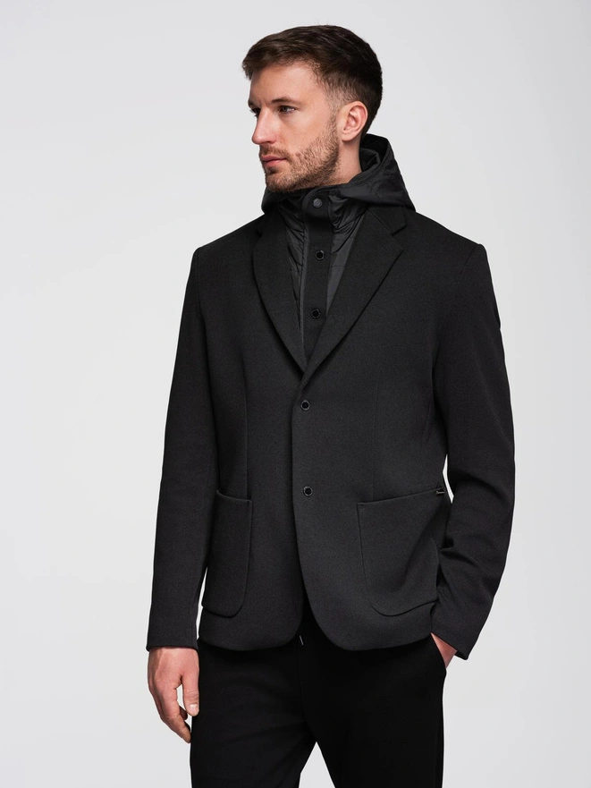 Men's jacket with high collar and hood - black V2 OM-BLZB-0133