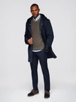 Minimalist men's mid-length coat with hood - navy blue V5 OM-COLC-0144