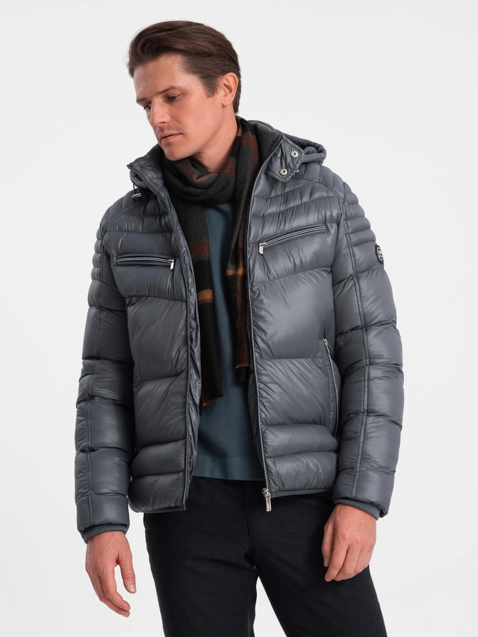 Heavily insulated quilted men's jacket with detachable hood - graphite V3 OM-JAHP-22FW-010