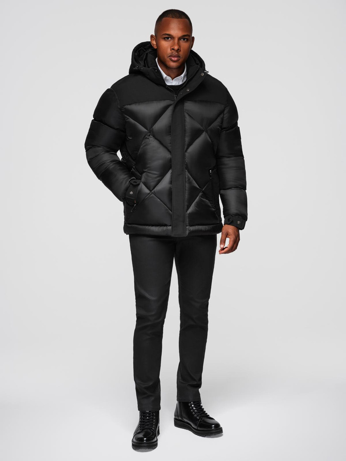 Men's hooded jacket with geometric diamond quilting - black V1 OM-JAHP-0237