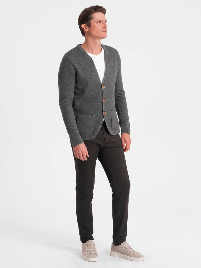 Pulover cardigan structurat pentru bărbați cu buzunare - grafit melange V2 OM-SWCD-0109